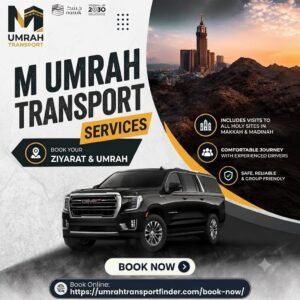 Ek modern black GMC SUV ki image, jisme piche Clock Tower Makkah aur 