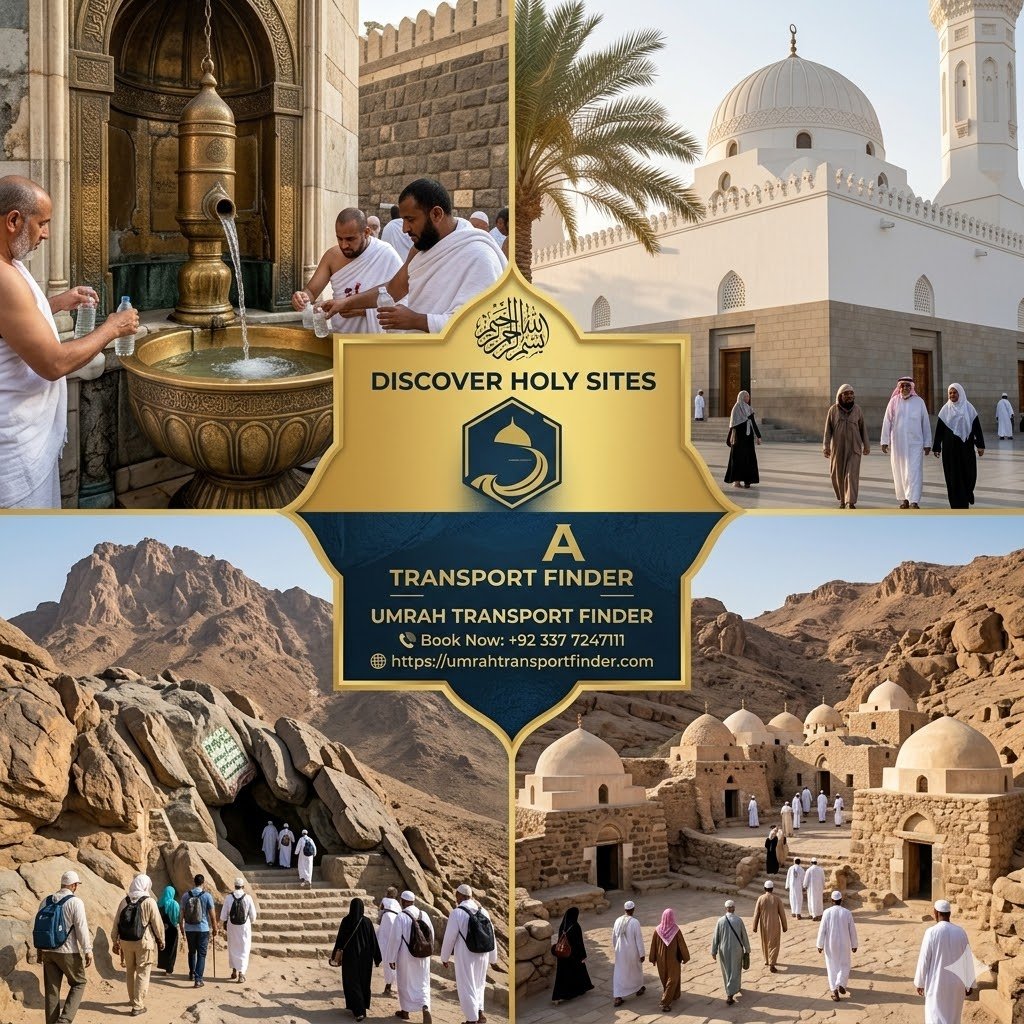 **Alt Text:** **Umrah and Hajj Services pilgrims visiting historic Islamic landmarks and holy Ziyarat sites in Makkah and Madinah.**
