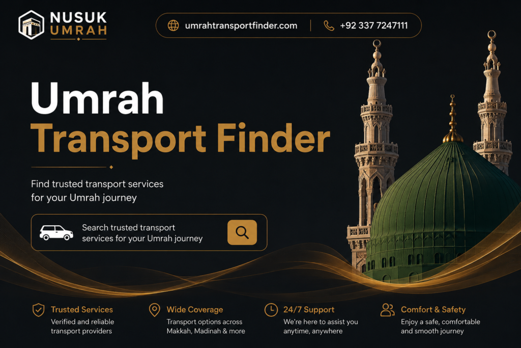 Promotional banner for Umrah Transport Finder featuring a green dome and minarets of a mosque, offering trusted transport services for the Umrah journey.
