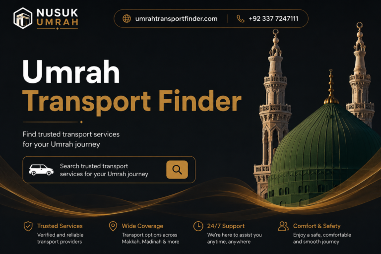 Promotional banner for Umrah Transport Finder featuring a green dome and minarets of a mosque, offering trusted transport services for the Umrah journey.
