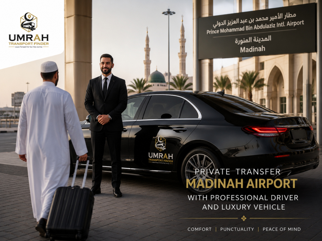 Private transfer from Madinah Airport with a professional driver and luxury vehicle by Umrah Transport Finder.