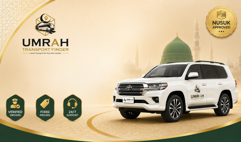 Nusuk Approved Umrah Transport in Madinah Safe Rides 2026 Nusuk approved Umrah transport in Madinah with white SUV, verified drivers badge, and Masjid Nabawi green dome background