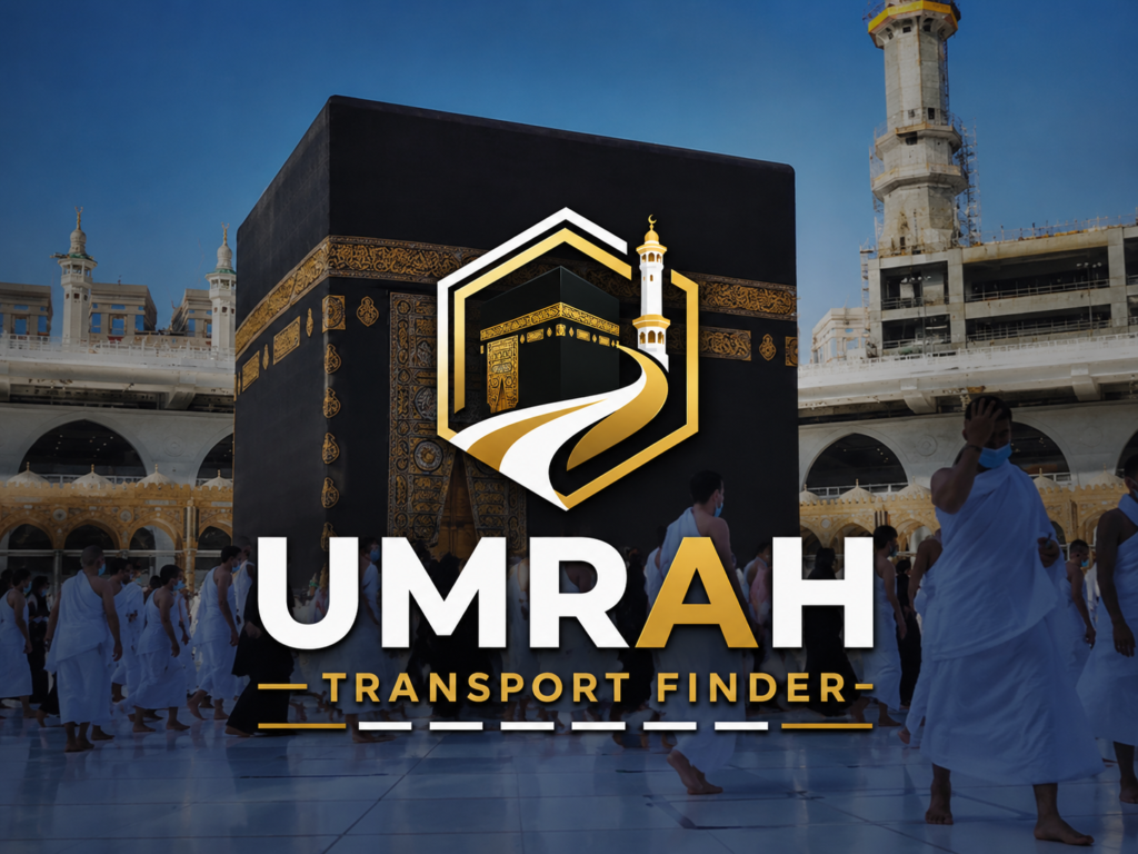 Umrah Transport Finder | Reliable Transport in Saudi Arabia Umrah Transport Finder logo with Kaaba in Makkah for reliable Umrah transportation services.