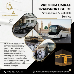 Umrah Transport Services 2026 | Hajj & Umrah Travel A promotional flyer for "A Transport Finder" featuring premium Umrah transport services, showing a luxury black GMC SUV, a large white transport bus, and pilgrims at the Kaaba.