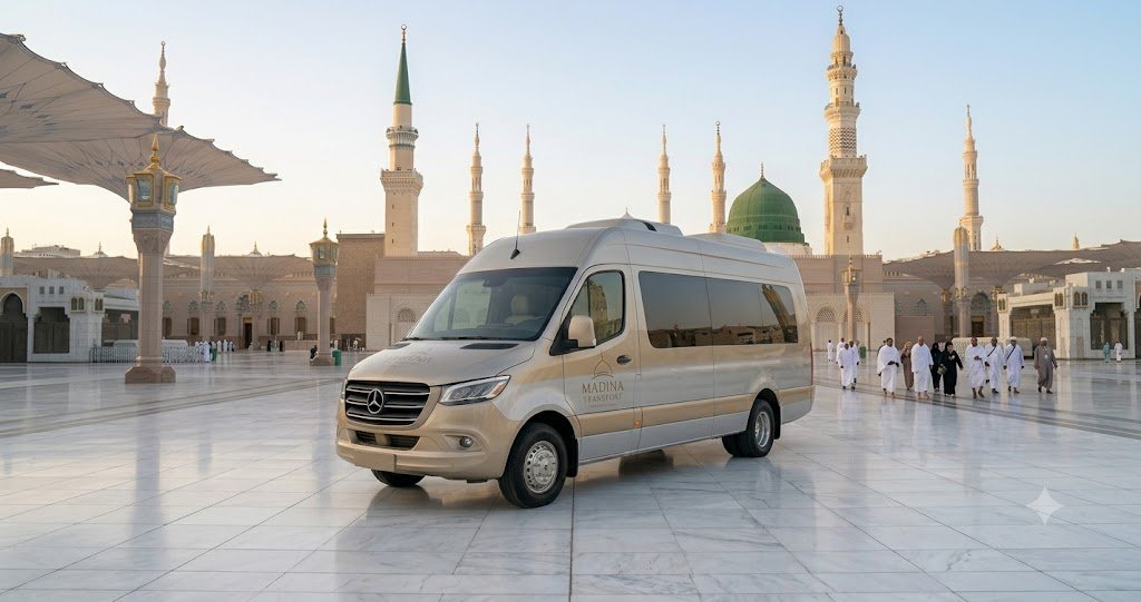 Verified Saudi Drivers for Safe and Reliable Umrah Travel Official gold emblem for Umrah Transport Finder with a stylized mosque dome and road path.