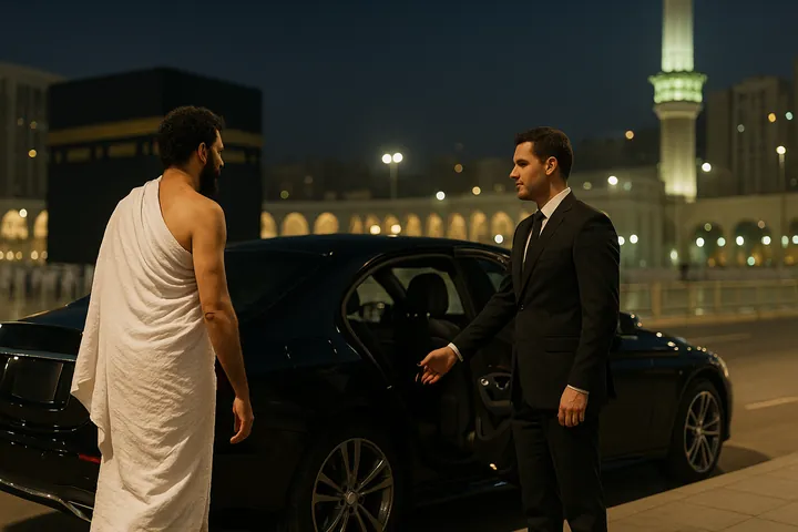 Professional chauffeur assisting an Umrah pilgrim into a luxury taxi near Masjid al-Haram for a premium Umrah taxi service.