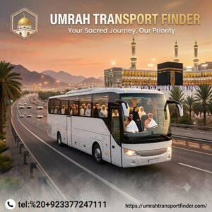 A luxury pilgrimage bus carrying pilgrims in Ihram driving towards Makkah and the Kaaba, featured in the ultimate Umrah Travel Guide.