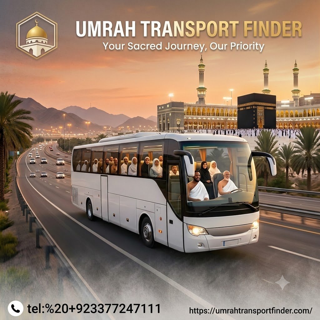 A luxury pilgrimage bus carrying pilgrims in Ihram driving towards Makkah and the Kaaba, featured in the ultimate Umrah Travel Guide.