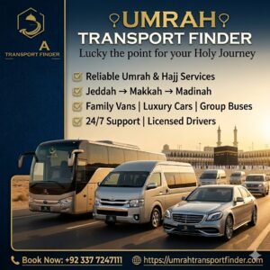 Best Umrah and Hajj Services in Makkah and Madinah Promotional graphic for "fbaa14ad-b22b-4200-8672-ff4238a7ac27.jpg" showing a bus, a family van, and a luxury sedan driving on a road near Mecca, advertising transport services for Jeddah, Makkah, and Madinah.