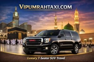 Umrah Transport Services: Best Rides in Makkah & Madinah A black GMC Yukon SUV for images (3).jpg, set against a backdrop of Makkah