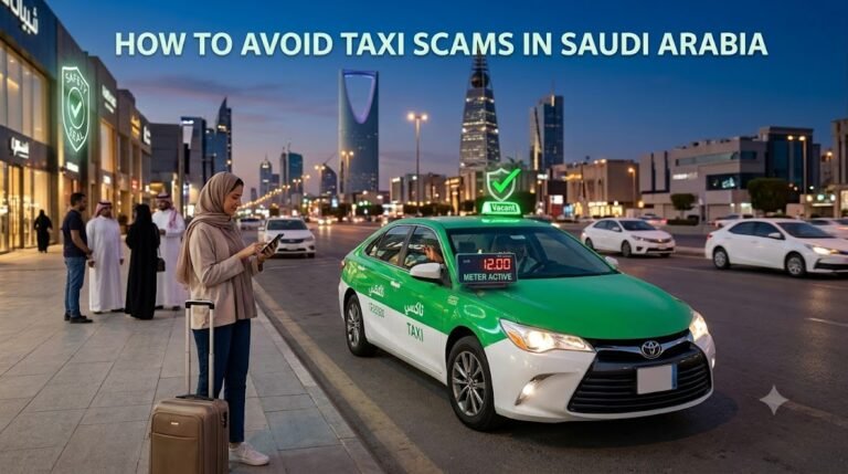 A female traveler checking a ride-hailing app at twilight in Riyadh to avoid potential Saudi taxi scams, with an official green taxi displaying an active fare meter in the background.