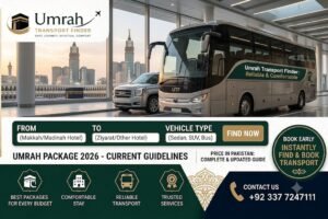 Umrah package 2026 price in Pakistan transport finder guide banner with contact details and booking info.