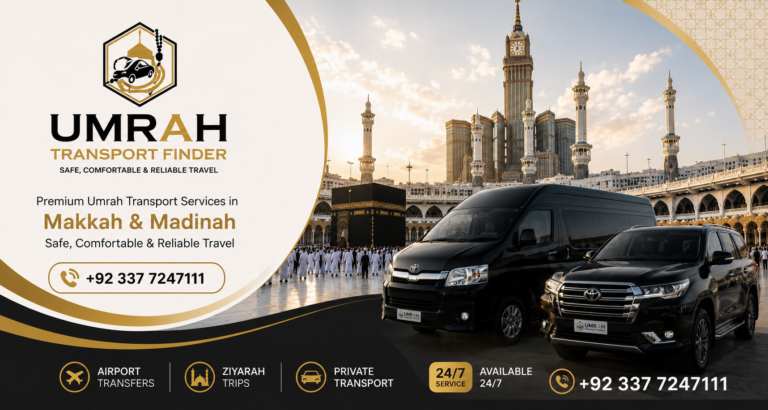 Umrah Transport Finder providing safe airport transfers, private taxis, hotel pick and drop, and Ziyarat transport services in Makkah and Madinah, Saudi Arabia.