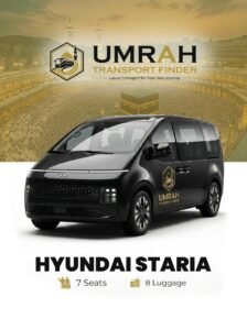 Black Hyundai Staria 7 seater luxury van for Umrah transport service by Umrah Transport Finder.