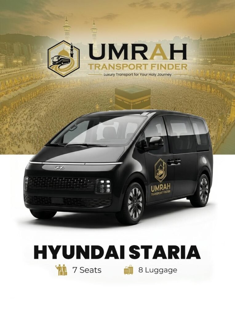 Best Vehicle for Umrah Group Travel Hiace vs Yukon Black Hyundai Staria 7 seater luxury van for Umrah transport service by Umrah Transport Finder.