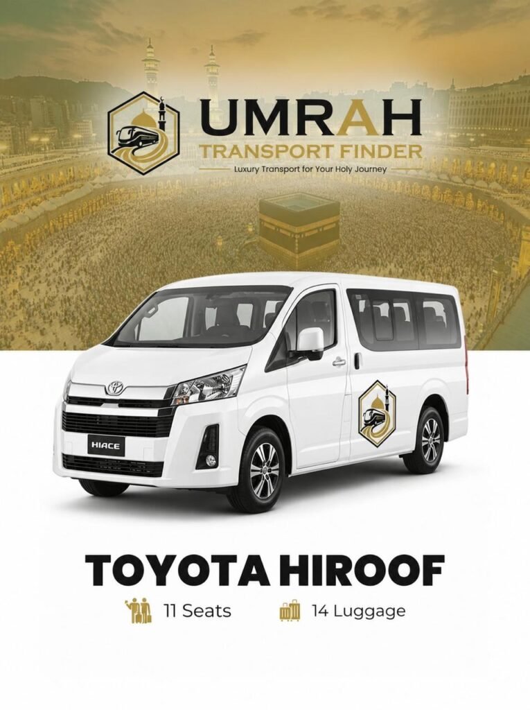 Best Vehicle for Umrah Group Travel Hiace vs Yukon White Toyota HiAce Hiroof van for Umrah transport service in Makkah with 11 seats and 14 luggage capacity by Umrah Transport Finder.
