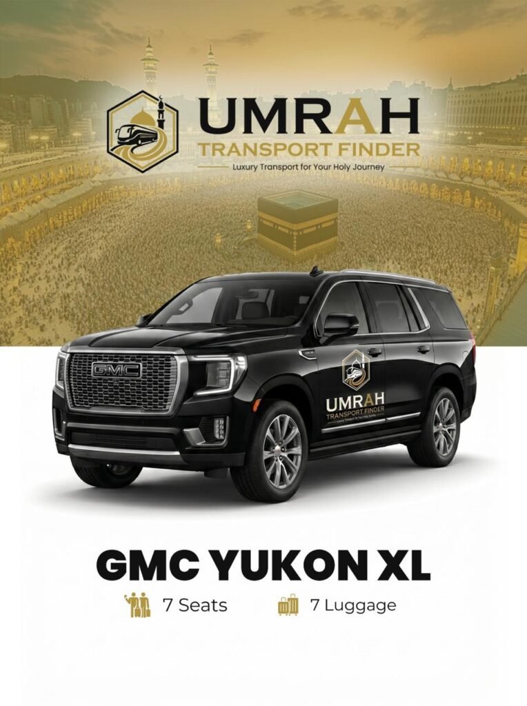 Best Vehicle for Umrah Group Travel Hiace vs Yukon Black GMC Yukon XL luxury SUV for VIP Umrah transport by Umrah Transport Finder.