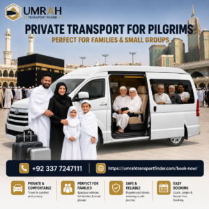Umrah Transport Finder UK providing private transport for Umrah pilgrims with comfortable, family-friendly vehicles.