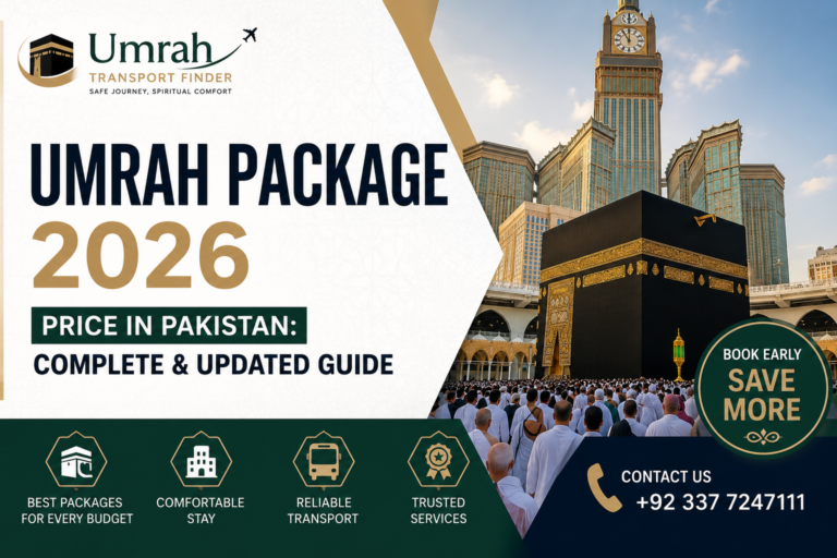 Umrah package 2026 price in Pakistan complete guide banner with contact details.
