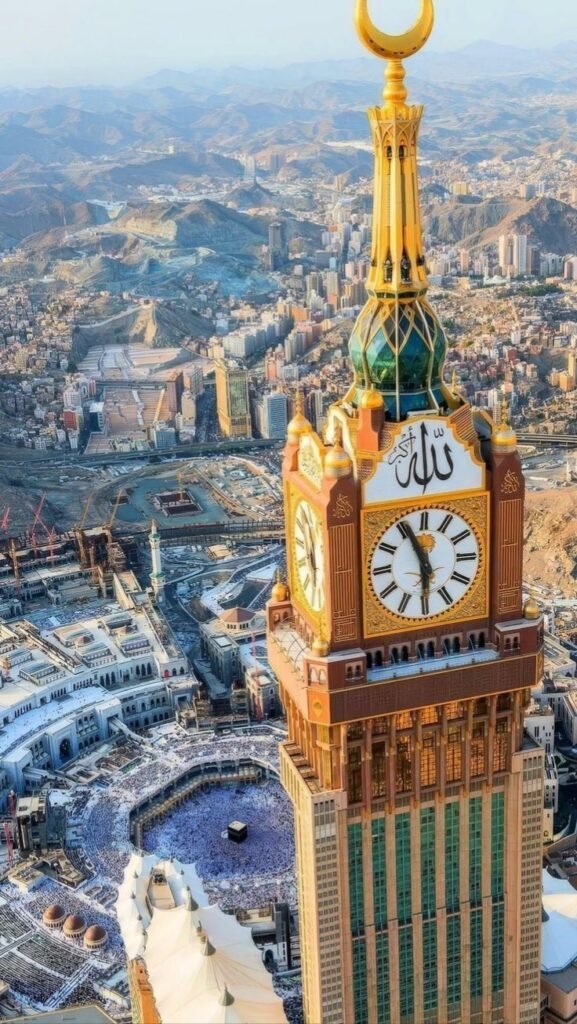 Umrah taxi Makkah service with aerial view of Makkah Clock Tower and Masjid al-Haram