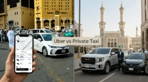 Uber vs Private Taxi in Saudi Arabia comparison showing a smartphone with Uber ride options on a Makkah street next to a private taxi driver standing beside an SUV near the Masjid al-Haram
